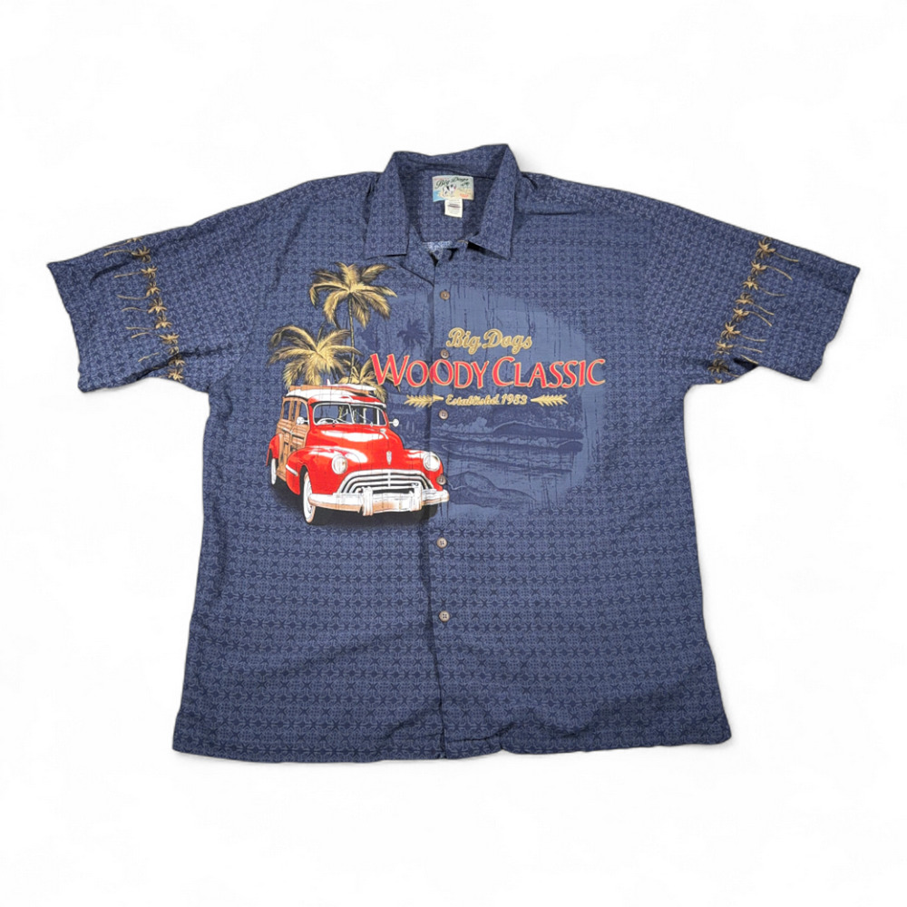 Vintage Big Dogs Hawaiian Shirt Adult EXTRA LARGE Blue Rayon Woody Classic Y2K